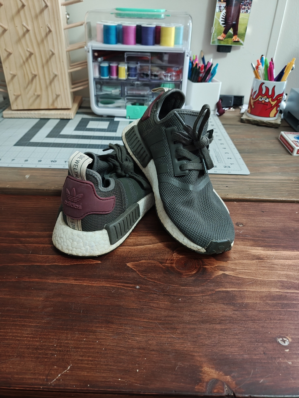 First Gen Adidas NMD Dark Green with Maroon Accent Womens Size 8.5